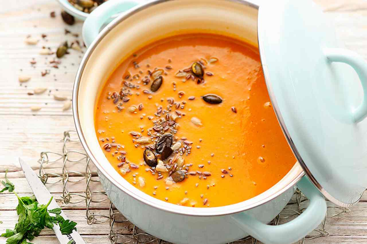 Autumn Pumpkin Soup with Apple, Ginger and Seeds