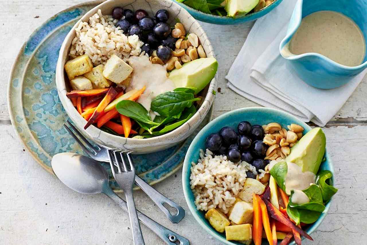 Scrumptious buddha bowls with tofu, rice and veggies