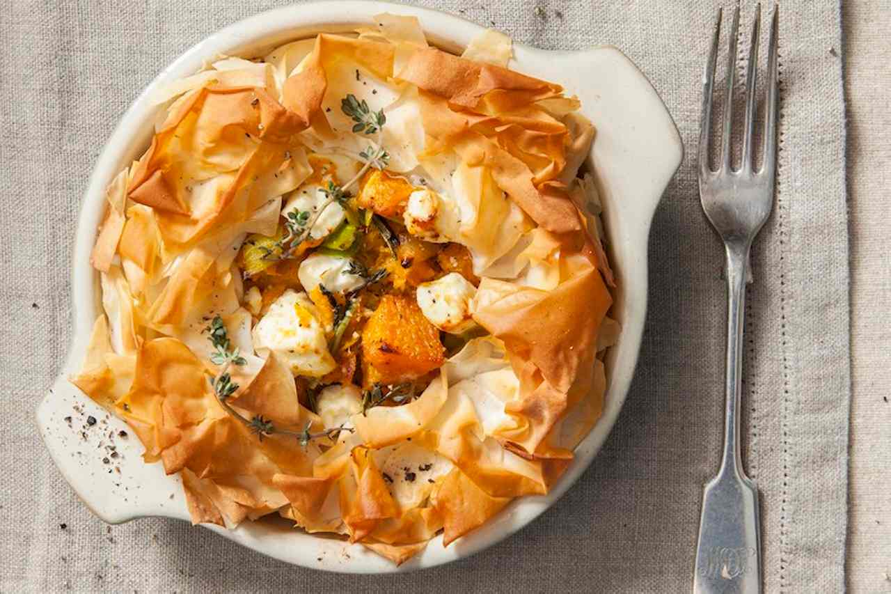 Filo pastry dish with roasted butternut squash, feta and thyme